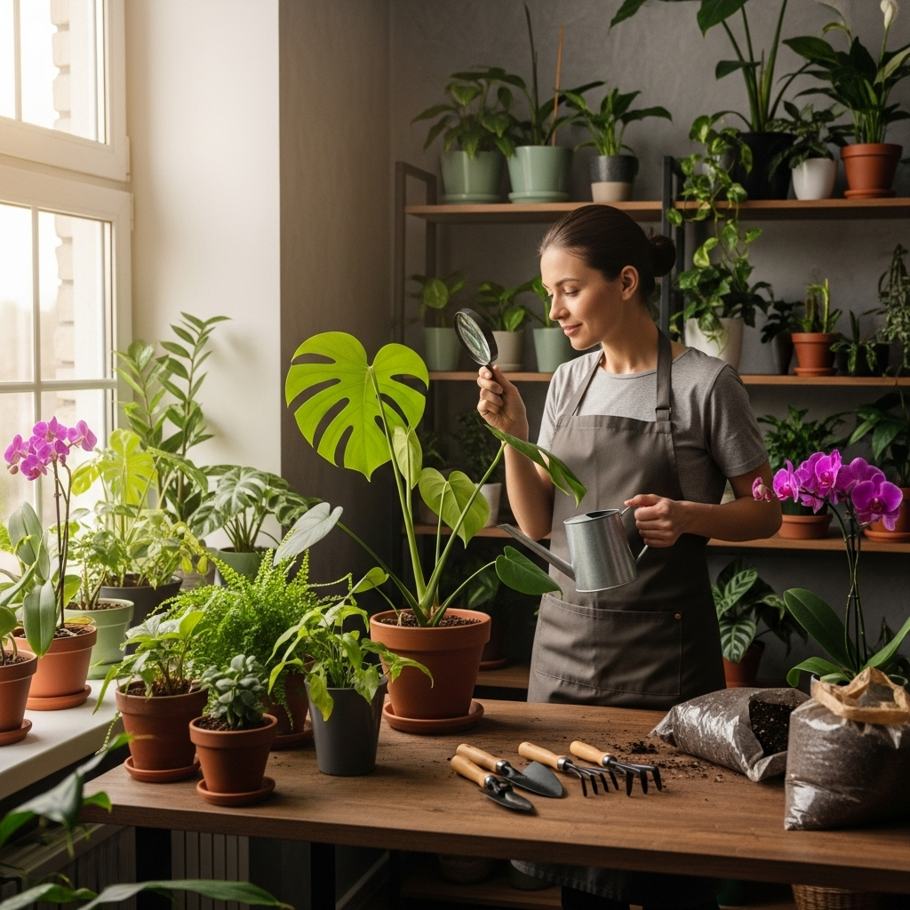 Växtexpert som tar hand om krukväxter